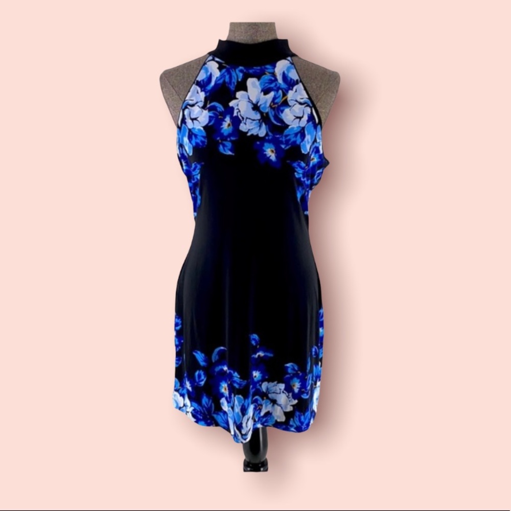 White House Black Market Sheath Dress Blue and Black with Flowers Tie Back MP